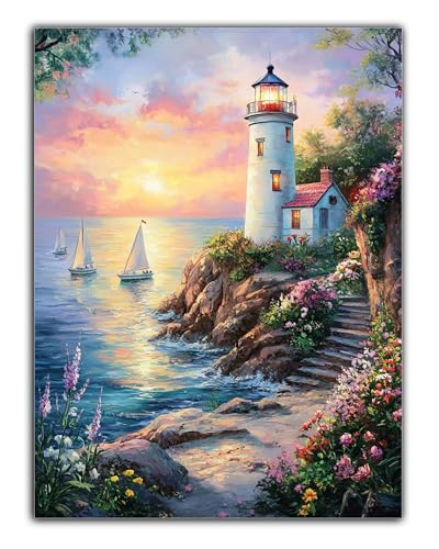 DIY Leuchtturm Diamond Painting Erwachsene Segelboot Diamant Painting Bilder 50X70CM, Diamond Painting Set für Erwachsene und Anfänger, 5D Mosaikherstellung Bastelset Geschenke, Home Wall Decor Z6-695 von Zaafeen