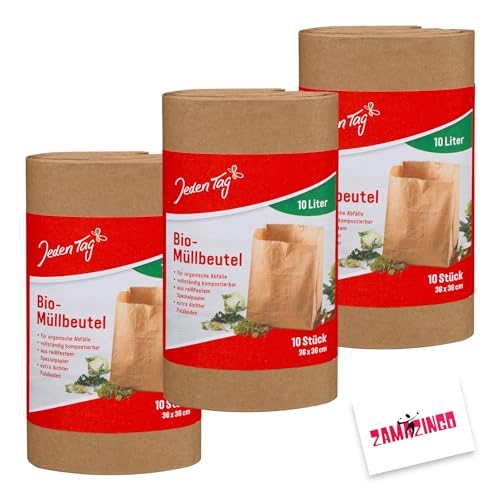 Jeden Tag Papier Bio-Müllbeutel (36 x 36 cm) 10 stk. 10L | Reißfester Spezialpapier, dichter Falzboden | Küche Lebensmittel Abfallbeutel, Biomüll Abfalltüte Küche, Büro, Wohnzimmer (3er Pack) von Zama4Zingo