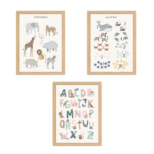 Zamety 3er Set Babyzimmer Deko, A4 Kinderzimmer Deko, Segeltuch Bilder Kinderzimmer, ABC Poster für Kinder, Alphabet Zahlen Tiere Lernposter für Kindergarten, Vorschule, Grundschule, Ohne Bilderrahmen von Zamety