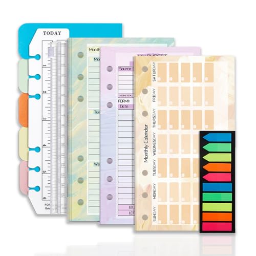 Zamety Ringbuch A6 Nachfüllbar, 6 Löcher A6 Papier 54 Wochenkarten, 14 Monatskarten, 14 Budget Planner, 1 Trennblätter, 200 Haftstreifen, 1 Reißverschlussbeutel, Lineal 15cm von Zamety