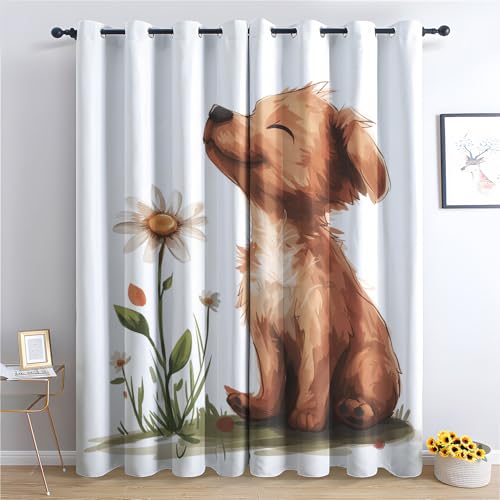 ZaopVrynx Vorhänge Cartoon-Hund Vorhang Blickdicht Wohnzimmer Schlafzimmer Gänseblümchen Gardinen Verdunklungsvorhänge Thermovorhang Kälteschutz Vorhänge mit ösen 2er Set 260x140cm HxB von ZaopVrynx