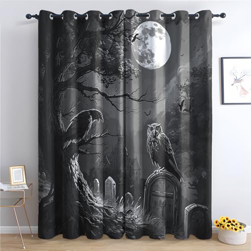 ZaopVrynx Vorhänge Friedhof Krähe, Verdunklungsvorhänge, Gardinen Halloween für Kinder Gardinen mit Ösen für Wohnzimmer Blickdicht Vorhang Thermovorhang für Schlafzimme, 2er Set 160x140cm HxB von ZaopVrynx