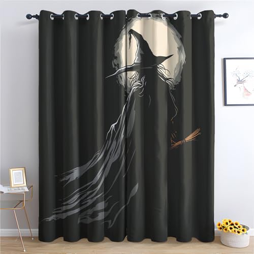 ZaopVrynx Vorhänge Hexe und Mond, Verdunklungsvorhänge, Gardinen Halloween für Kinder Gardinen mit Ösen für Wohnzimmer Blickdicht Vorhang Thermovorhang für Schlafzimme, 2er Set 160x132cm HxB von ZaopVrynx