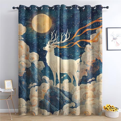 ZaopVrynx Vorhänge Hirsch und Mond, Verdunklungsvorhänge, Gardinen Magischer Tier Gardinen mit Ösen für Wohnzimmer Blickdicht Vorhang Thermovorhang für Schlafzimme, 2er Set 300x140cm HxB von ZaopVrynx