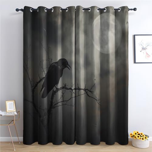 ZaopVrynx Vorhänge Krähe und Mond, Verdunklungsvorhänge, Gardinen Halloween für Kinder Gardinen mit Ösen für Wohnzimmer Blickdicht Vorhang Thermovorhang für Schlafzimme, 2er Set 137x117cm HxB von ZaopVrynx