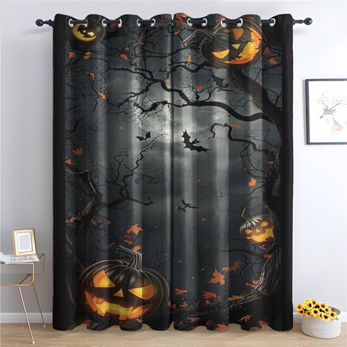 ZaopVrynx Vorhänge Kürbis Laterne, Verdunklungsvorhänge, Gardinen Halloween für Kinder Gardinen mit Ösen für Wohnzimmer Blickdicht Vorhang Thermovorhang für Schlafzimme, 2er Set 175x140cm HxB von ZaopVrynx