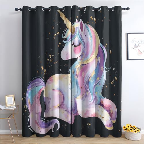 ZaopVrynx Vorhänge Niedliches Einhorn, Vorhänge Verdunklung mit Ösen, Regenbogen Vorhang Blickdicht Thermovorhang, Buntes Gardinen für Wohnzimmer Schlafzimme Fenster, 2er Set 300x140cm HxB von ZaopVrynx