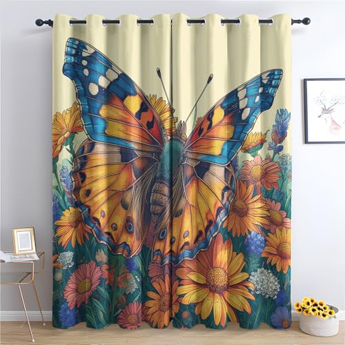 ZaopVrynx Vorhänge Schmetterling Vorhang Blickdicht Verdunklungsvorhänge Sonnenblume Gardinen Schlafzimmer Thermovorhang Kälteschutz Gardinen mit ösen 2er Set 175x140cm HxB von ZaopVrynx