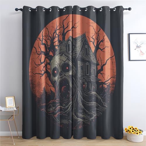 ZaopVrynx Vorhänge Spukhaus, Verdunklungsvorhänge, Gardinen Halloween für Kinder Gardinen mit Ösen für Wohnzimmer Blickdicht Vorhang Thermovorhang für Schlafzimme, 2er Set 166x75cm HxB von ZaopVrynx