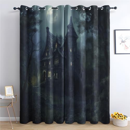 ZaopVrynx Vorhänge Spukhaus, Verdunklungsvorhänge, Gardinen Halloween für Kinder Gardinen mit Ösen für Wohnzimmer Blickdicht Vorhang Thermovorhang für Schlafzimme, 2er Set 175x140cm HxB von ZaopVrynx