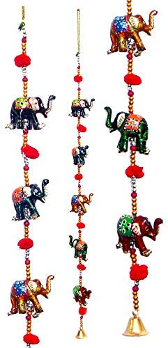 Zap impex Home Decor Türbehang 10 handbemalte Rajasthani-Elefanten mit Perlen und Messingglocke, 2er-Set von Zap Impex