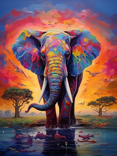 Zariocy 5D Diamond Painting Kits Bunter Elefant, DIY Malen mit Diamantkunst Tier Round Full Drill Crystal Diamond Stickerei Gemälde Kunsthandwerk für Home Office Wall Decor 30x40 cm-1 von Zariocy