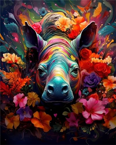 Zariocy 5D Diamond Painting Kits Buntes Nashorn, DIY Malerei mit Diamant Kunst Tier Blume Rund Vollbohrer Kristall Diamant Stickerei Gemälde Kunsthandwerk für Home Office Wall Decor 30x40cm von Zariocy