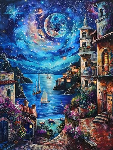 Zariocy 5D Diamond Painting Kits Europäische Stadt, DIY Malerei mit Diamant Kunst Sternenhafte Nacht Rund Voll Drill Crystal Diamond Stickerei Gemälde Kunsthandwerk für Home Office Wall Decor 30x40cm von Zariocy