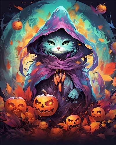 Zariocy 5D Diamond Painting Kits Halloween, DIY Malerei mit Diamant Kunst Katze Kürbis Rund Vollbohrer Kristall Diamant Stickerei Gemälde Kunsthandwerk für Home Office Wall Decor 30x40cm von Zariocy