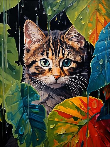 Zariocy 5D Diamond Painting Kits Katze Versteckt sich dem Regen, DIY Malen mit Diamantkunst Tier Round Full Drill Crystal Diamond Stickerei Gemälde Kunsthandwerk für Home Office Wall Decor 30x40 cm von Zariocy