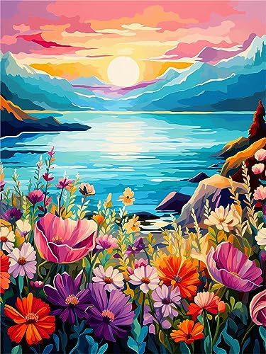 Zariocy 5D Diamond Painting Kits Meer Berge, DIY Malen mit Diamantkunst Blumen Pflanzen Round Full Drill Crystal Diamond Stickerei Gemälde Kunsthandwerk für Home Office Wall Decor 30x40 cm von Zariocy