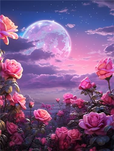 Zariocy 5D Diamond Painting Kits Rosa Blumen, DIY Malen mit Diamantkunst Rosa Mond Round Full Drill Crystal Diamond Stickerei Gemälde Kunsthandwerk für Home Office Wall Decor 30x40 cm von Zariocy