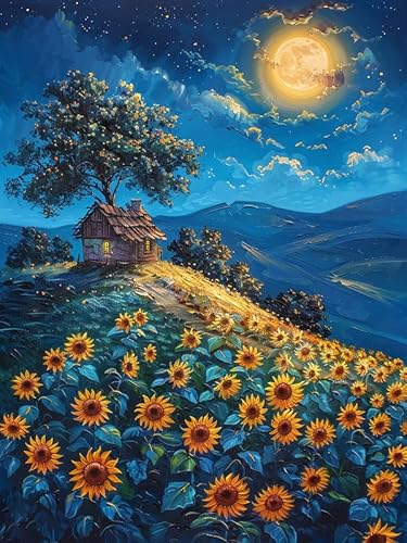 Zariocy 5D Diamond Painting Kits Sonnenblume, DIY Malerei mit Diamant Kunst Nacht-Landschaft Rund Voll Drill Crystal Diamond Stickerei Gemälde Kunsthandwerk für Home Office Wall Decor 30x40cm von Zariocy