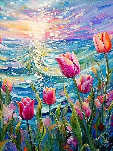 Zariocy 5D Diamond Painting Kits Tulpen, DIY Malen mit Diamantkunst Meeresblumen Round Full Drill Crystal Diamond Stickerei Gemälde Kunsthandwerk für Home Office Wall Decor 30x40 cm von Zariocy