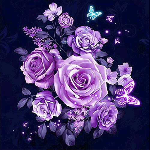 Zariocy 5D Diamond Painting Set Lila Rose, Diamant Painting Bilder Leuchtende Blume Adult Runder Vollbohrer Diamant Stickerei Gemälde Kunsthandwerk Zuhause Wanddekoration 40x40 Cm von Zariocy