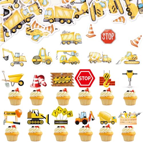 Zasvec Baustelle Tortendeko Konfetti 100 Stück Tortendeko Traktor mit 12 Bagger Tortendeko Baustelle Kuchendeko Geburtstag Traktor Bagger Deko Geburtstag Cupcake Topper für Geburtstag Party von Zasvec