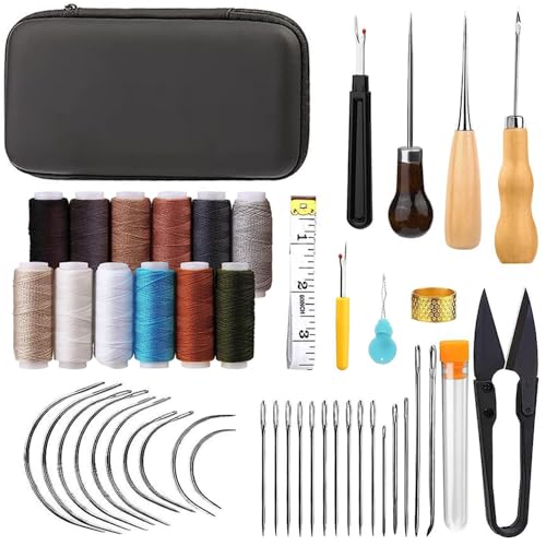 Zasvec Leder NäHset Set 48 Stück Leder-Werkzeug-Set Leder-Nähwerkzeug Lederhandwerk-Set Lederreparaturset für DIY Handwerk, Ledernähen (mit Wachsfaden, Leder Nähahle, Hand Ledernadeln) von Zasvec