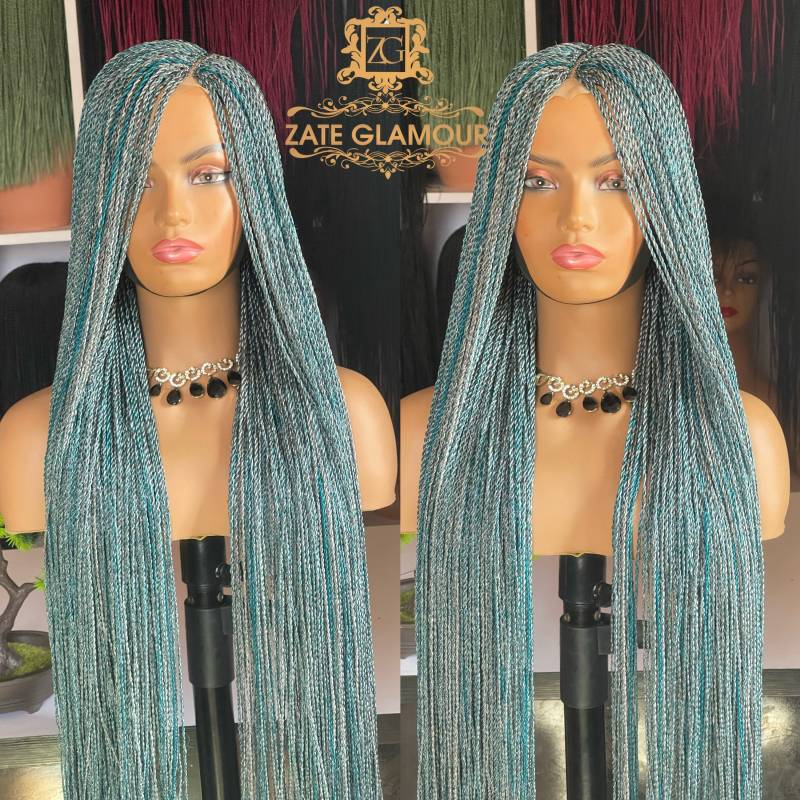 Mix Grau Und Teal, Leichte Geflochtene Perücke, Handgemachte Micro Twist, Hair von Zateglamourhair