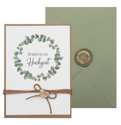 ZauberDeko Einladungskarte Hochzeit mit Briefumschlag Personalisiert Eukalyptus Olive Kraft von ZauberDeko