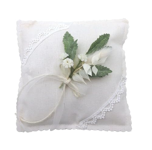 ZauberDeko Ringkissen Weiß Leinenoptik Hochzeit Accessoires Trockenblumen Polyester 14 x 14 cm LEA von ZauberDeko