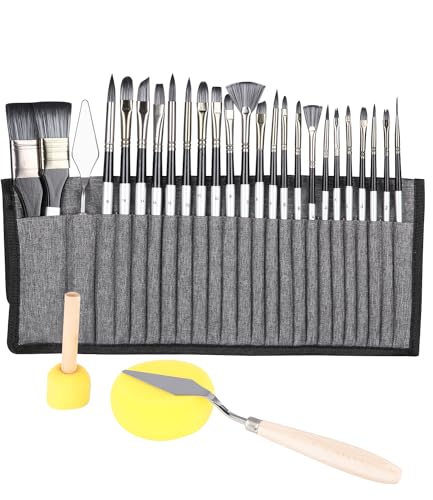 Zawaer Acryl Pinsel Set, 28PCS Pinselset, Pinselset Acrylfarben, Pinsel Set für Aquarell, Öl, Steinmalerei, Nagelpinsel, Künstlerpinsel, Malerpinsel Mit Schaumpinsel und Schwämme, Organisationstasche. von Zawaer