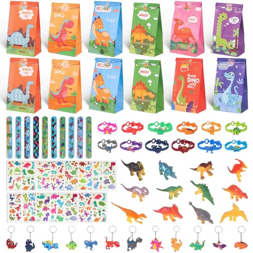 Mitgebsel Kindergeburtstag 73 STÜCK, Dinosaurier Partytasche Geschenktüten, Gemustert Wundertüte mit Dino Sticker, Schlüsselanhänger und Leuchtenden Tattoo-Aufklebern, Spielzeug FüR Partybeutelfüller von Zaxiva