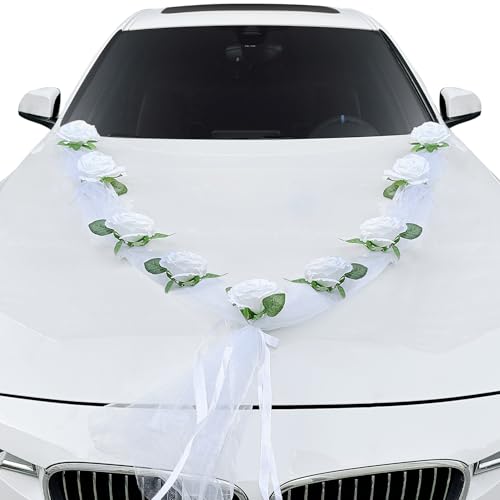 Zaxiva Hochzeit deko Auto Front Dekoration Kits, Künstliche Rosenautodekoration mit Schleifenband, Foto Requisiten Hochzeit, Weiße Mesh Hochzeitsdeko Autoschmuck,Blütendurchmesser 12cm von Zaxiva