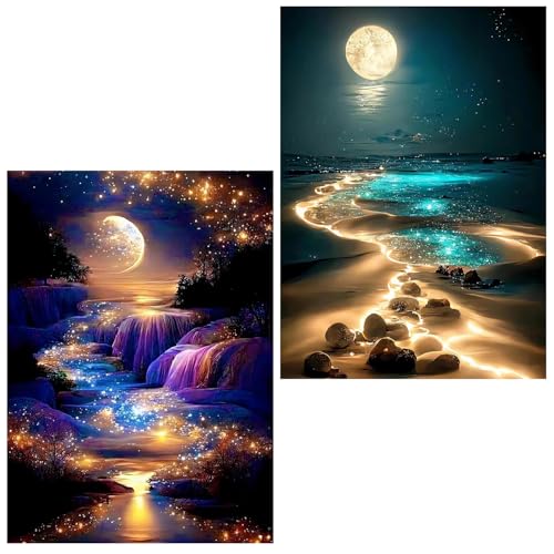 Zaxiva Landschaft 5D Diamond Painting Set für Erwachsene Anfänger, Mondschein Fluss DIY Diamond Painting Bilder Sets, Runde Vollbohrer Diamant Punkte Bilder für Wohnzimmer nach Hause Wanddekor 30x40cm von Zaxiva