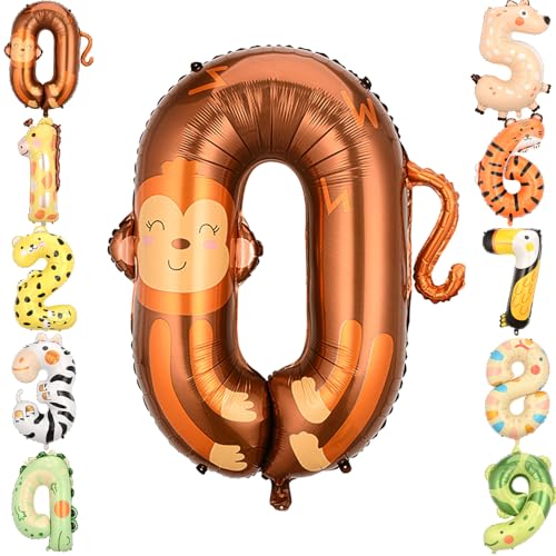 Zayin 101,6 cm brauner Affe Nummer 0 Ballon Riesen Dschungel Safari Tiere Thema Ballons Folie 0-9 große Ballons für Jungen Mädchen Baby für Jubiläum Geburtstag Party Feier Dekorationen Supplies von Zayin