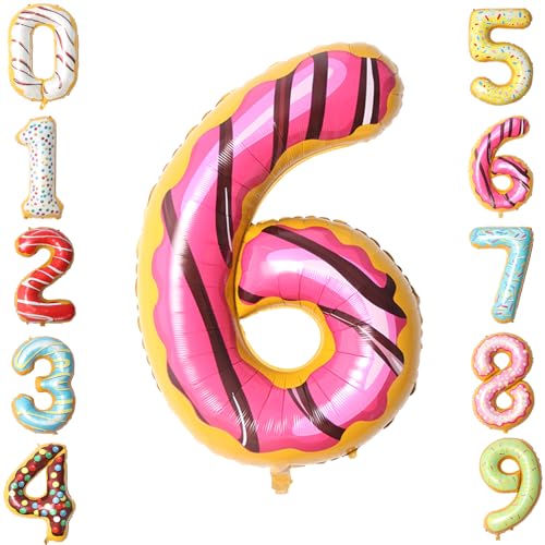 Zayin 101,6 cm große Luftballons in Donut-Form mit Rosen-Motiv, Zahl 6, niedliche Donut-Themenballons, Folie, 0-9, große Ballons für Jungen, Mädchen, Baby, für Jahrestag, süße Geburtstagsparty, Feier, von Zayin