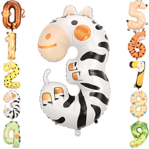 Zayin 101,6 cm großer, schwarz-weißer Zebra-Ballon mit Zahl 3, riesiger Dschungelsafari-Tier-Themenballon, Folie, 0-9, große Luftballons für Jungen, Mädchen, Baby, Jahrestag, 3. Geburtstag, Party, von Zayin
