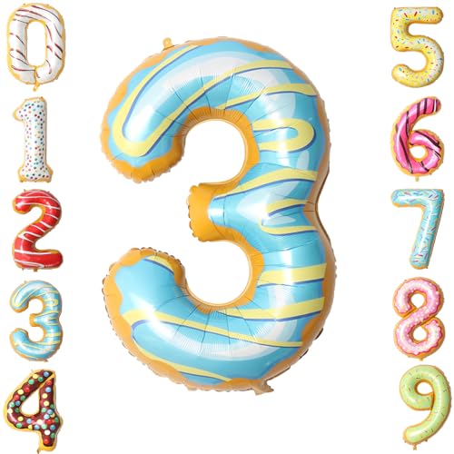 Zayin 101,6 cm großer blauer gestreifter Donut-Ballon, Zahl 3, niedliche Donut-Themenballons, Folienballons 0-9, große Ballons für Jungen, Mädchen, Baby, zum Jahrestag, süßer 3. Geburtstag, Party, von Zayin