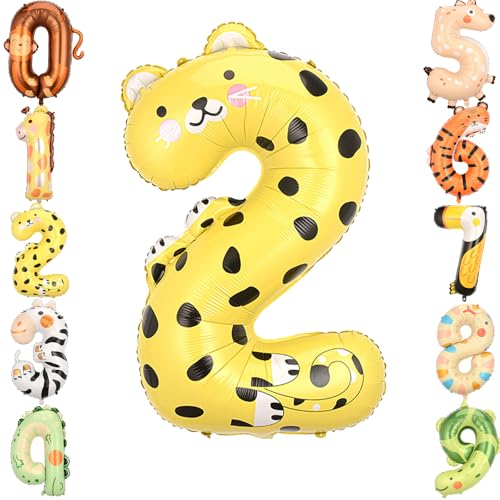 Zayin 101,6 cm großer gelber Leopardenballon Zahl 2 Riesen Dschungelsafari-Tier-Themenballons Folie 0-9 große Ballons für Jungen Mädchen Baby zum Jahrestag 2. Geburtstag Party Feier Dekorationen von Zayin