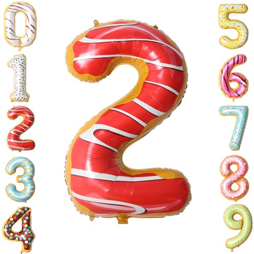 Zayin 101,6 cm roter gestreifter Donut-Ballon, Zahl 2, niedliches Donut-Thema, Folienballons 0-9, große Luftballons für Jungen, Mädchen, Baby, zum Jahrestag, süßer 2. Geburtstag, Party, Feier, von Zayin