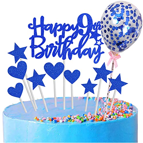 Zayin personalisierte alles Gute zum 9th Geburtstag Kuchen Topper Set, alles Gute zum Geburtstag Zeichen für Kuchen, 11p Glitter Ballon Sterne Herz Cupcake Topper 9th Birthday Cake Party Dekoration von Zayin