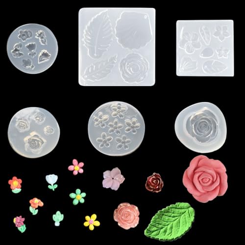 Zayookey 6 Stück Mini Blumen Silikonform 3D Blüten Epoxidharz Formen Blätter Harz Form Blume Fondant Kuchenform Rose Schmuck Gießformen Silikon DIY Ohrringe Halskette Anhänger von Zayookey