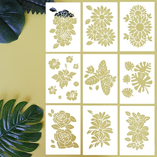 Zayookey 9 Stück Blumen Schablone Floral Painting Stencils, Wiederverwendbar Malschablonen, Groß Zeichnung Schablone DIY Wand Malen Schablonen für Holz Wand Scrapbooking Geschenkkarten (Blumen A) von Zayookey