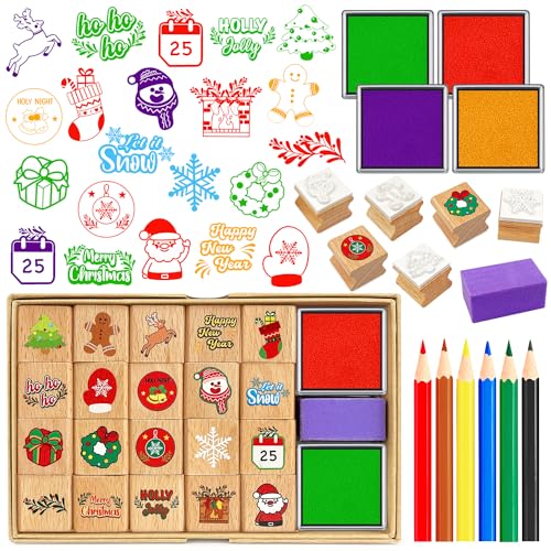 Zayvor Weihnachten Stempel Für Kinder Weihnachtliche Dekorationen Holzstempel Weihnachtsstempel Stempelset Spielzeugstempel Stempelkissen, Bleistift, Weihnachtsmann Schneeflocke Holzstempelset von Zayvor