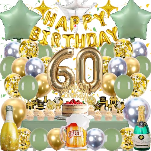 Zaztytoy 60 Geburtstag Deko Set für Mann & Frau – 55 Teile Komplettes Partyset in Gold & Grün, Elegante deko 60. geburtstag für Geburtstags Party, Jubiläum Party Deko, Feier von Zaztytoy