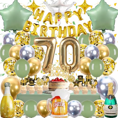 Zaztytoy 70 Geburtstag Deko Mann Frau,Grün Gold 70 Geburtstag Männer Mit Riesigen Zahlen 70 Folienballon, Gold Konfetti Luftballons, Tortendeko, Tischdecke（4.5*9 Füße）für Geburtstag 70 Jubiläum Party von Zaztytoy