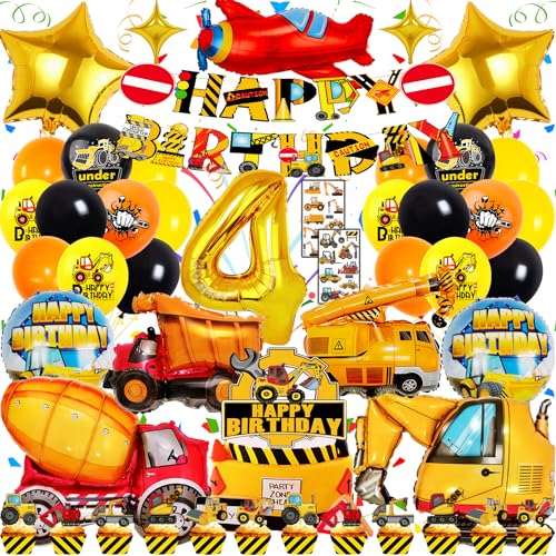 Zaztytoy Bagger Geburtstag Deko 4 Jahre für Jungen – XXL Bagger Folienballons, 48-Teiliges Baustelle Partyzubehör mit Kuchendeko & Tattoo-Aufklebern – Perfekt für 4. Geburtstag & Baustellen Party von Zaztytoy