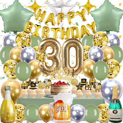 Zaztytoy 30 Geburtstag Deko Set für Mann & Frau – 55 Teile Komplettes Partyset in Gold & Grün, Elegante deko 30. geburtstag für Geburtstags Party, Jubiläum Party Deko, Feier von Zaztytoy