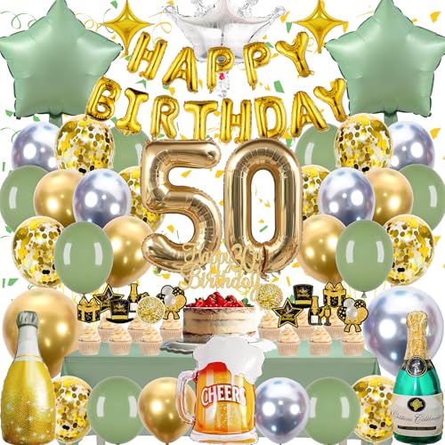 Zaztytoy 50 Geburtstag Deko Set für Mann & Frau – 55 Teile Komplettes Partyset in Gold & Grün, Elegante deko 50. geburtstag für Geburtstags Party, Jubiläum Party Deko, Feie von Zaztytoy