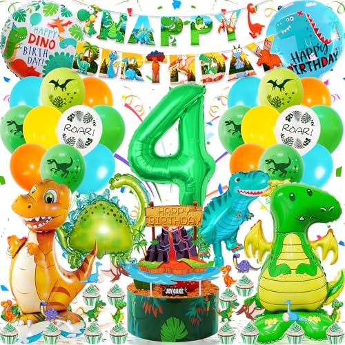 Dino Geburtstag Deko 4 Jahre, Dinosaurier Geburtstagsdeko 4 jahre Junge mit 3D XXL Dino Luftballon, Happy Birthday Girlande, Dino Party Folienballon Grün Dschungel Deko für Dino Deko Kindergeburtstag von Zaztytoy